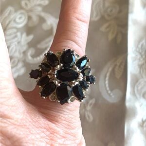 Vintage NRT Silver Ring with Black and Clear Stones